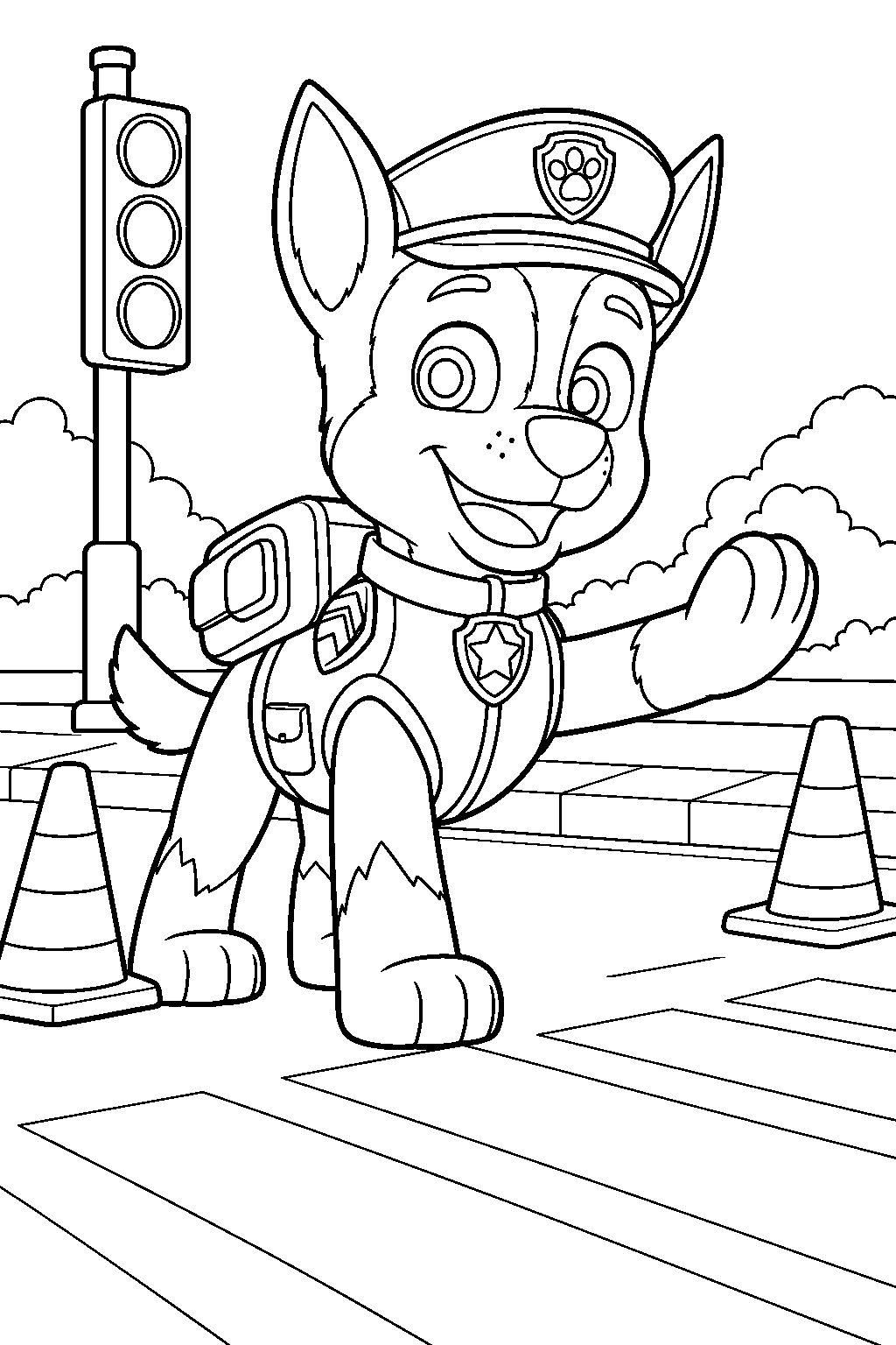 paw patrol chase directing traffic beside a crosswalk and traffic cones line art