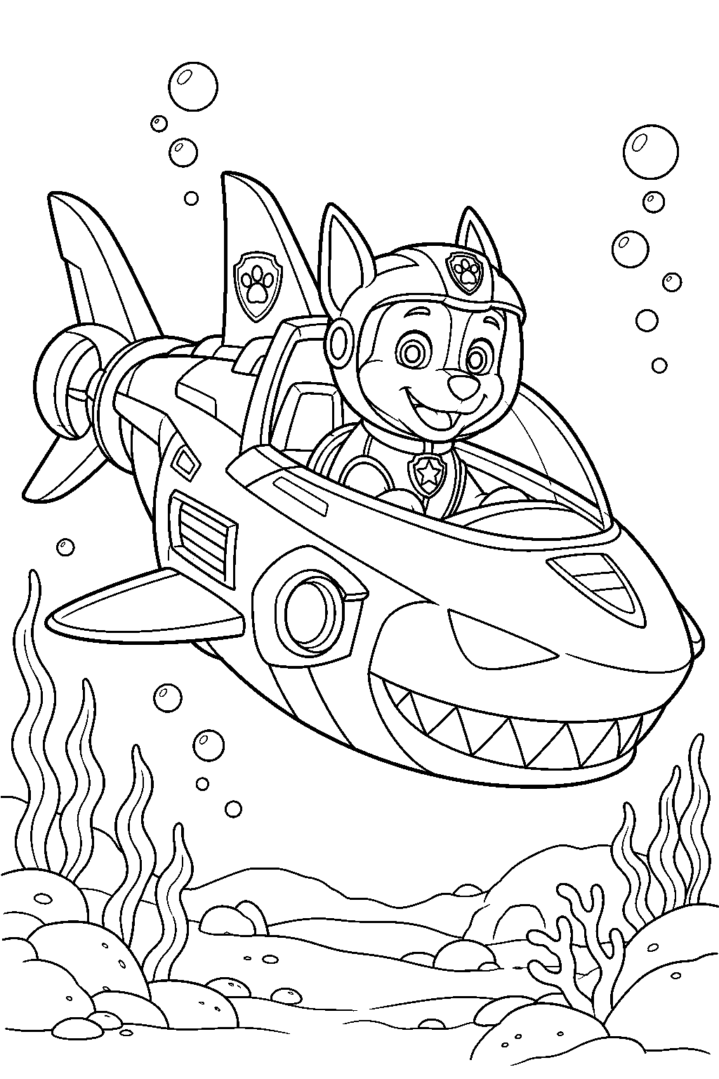 paw patrol chase driving his aqua pups shark rescue vehicle along the ocean floor line art