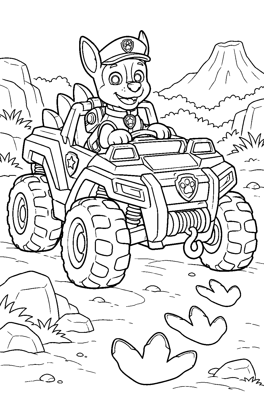 paw patrol chase driving his dino rescue vehicle past dinosaur footprints line art