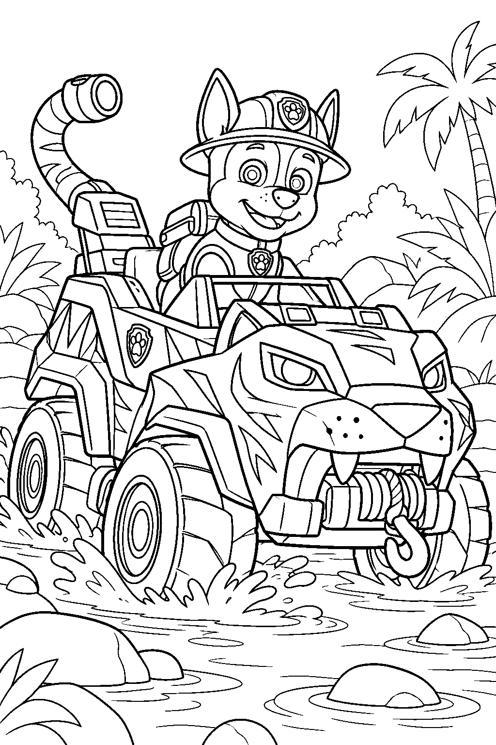 paw patrol chase driving his jungle pups tiger vehicle across a shallow jungle stream line art