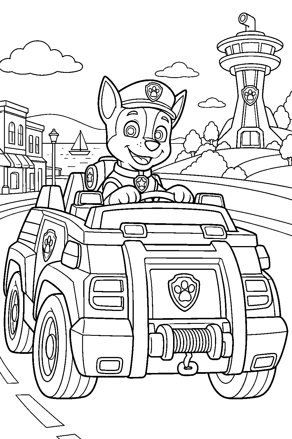 paw patrol chase driving his police truck through adventure bay line art