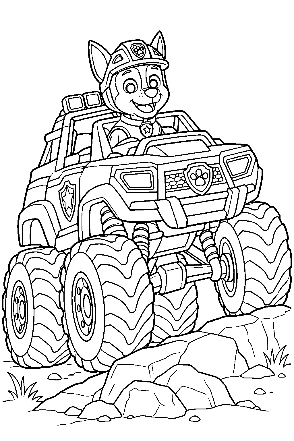 paw patrol chase driving his rescue wheels monster truck up a rocky ramp line art