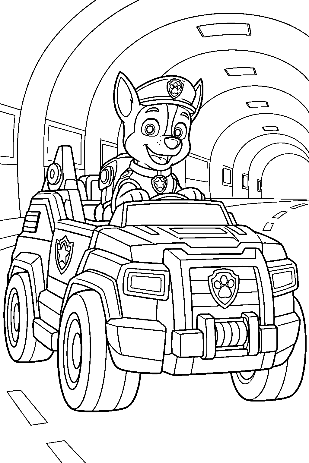 paw patrol chase driving his spy truck through an adventure bay tunnel line art
