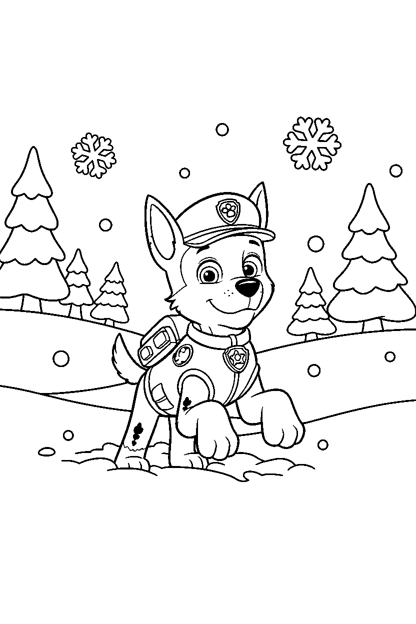 paw patrol chase exploring in snowy field line art