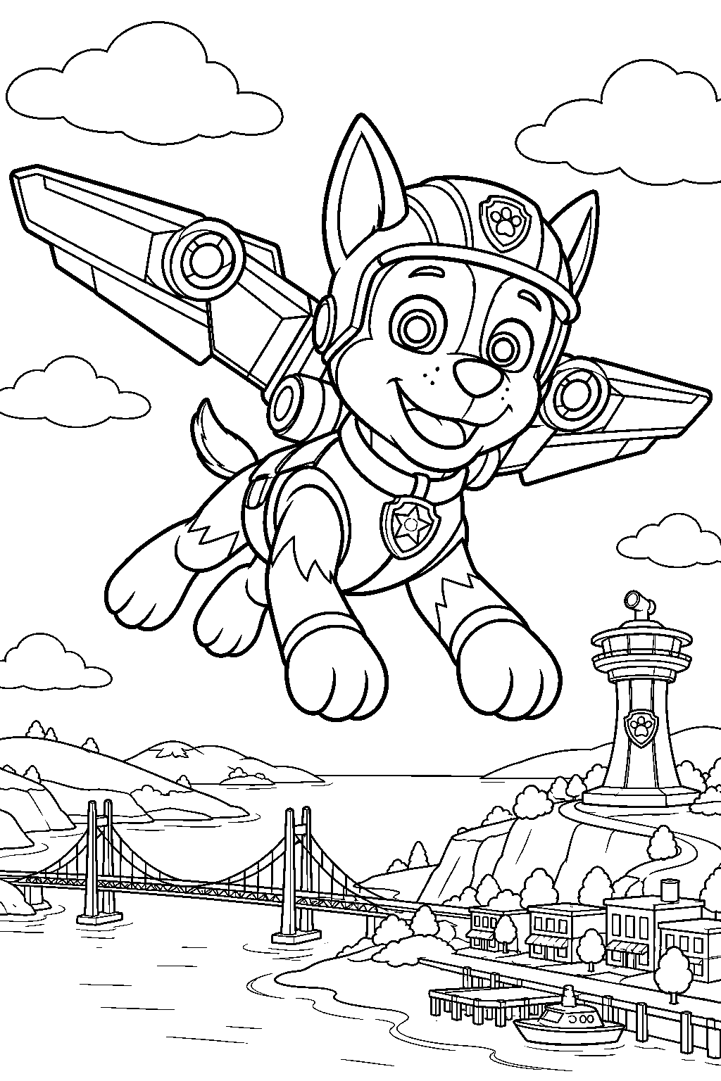 paw patrol chase flying over adventure bay with his air pups glider pack line art