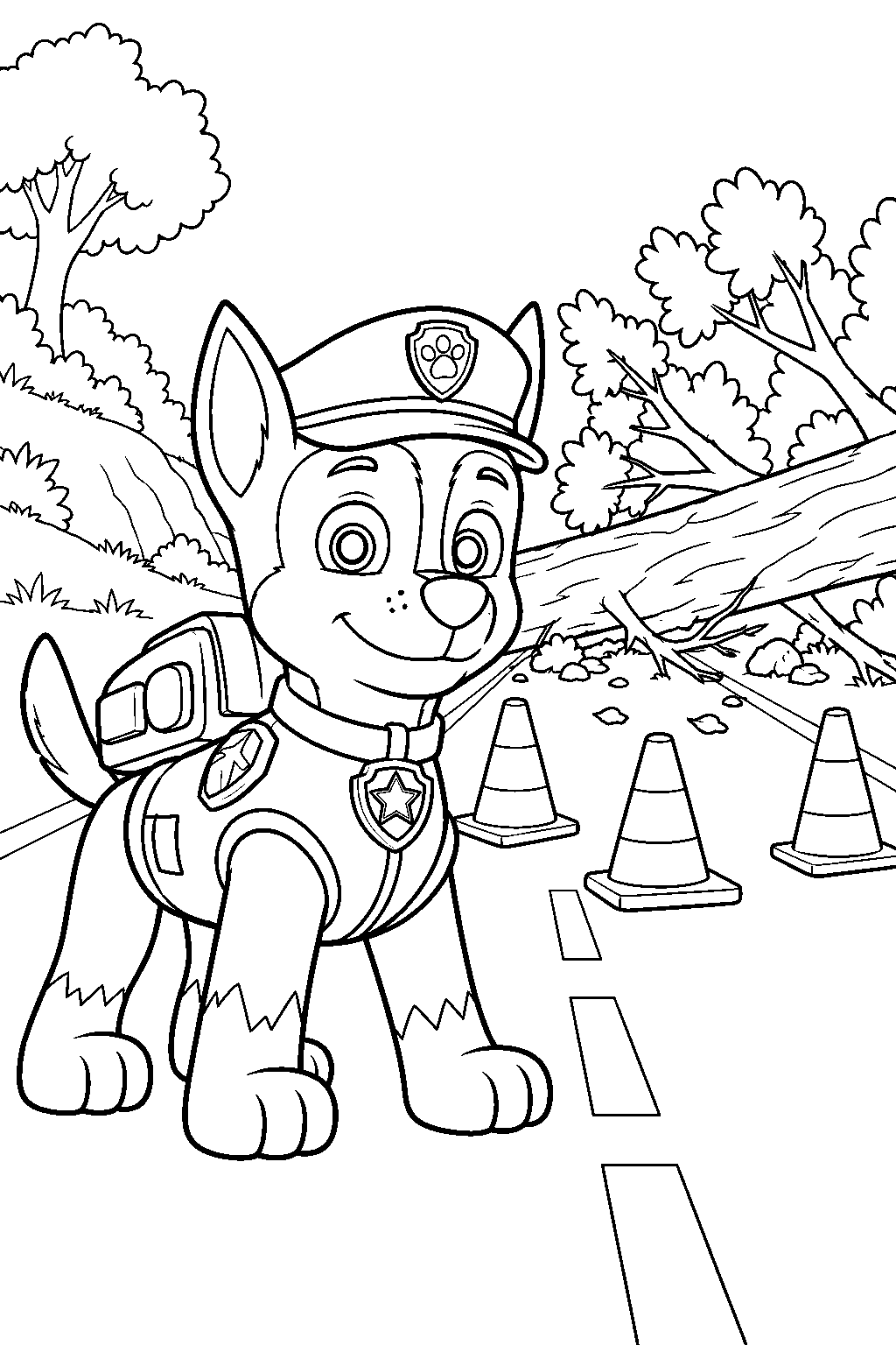paw patrol chase guarding a blocked road beside a fallen tree line art
