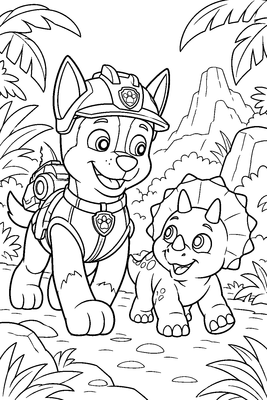 paw patrol chase in dino rescue gear guiding a lost baby dinosaur through the jungle line art