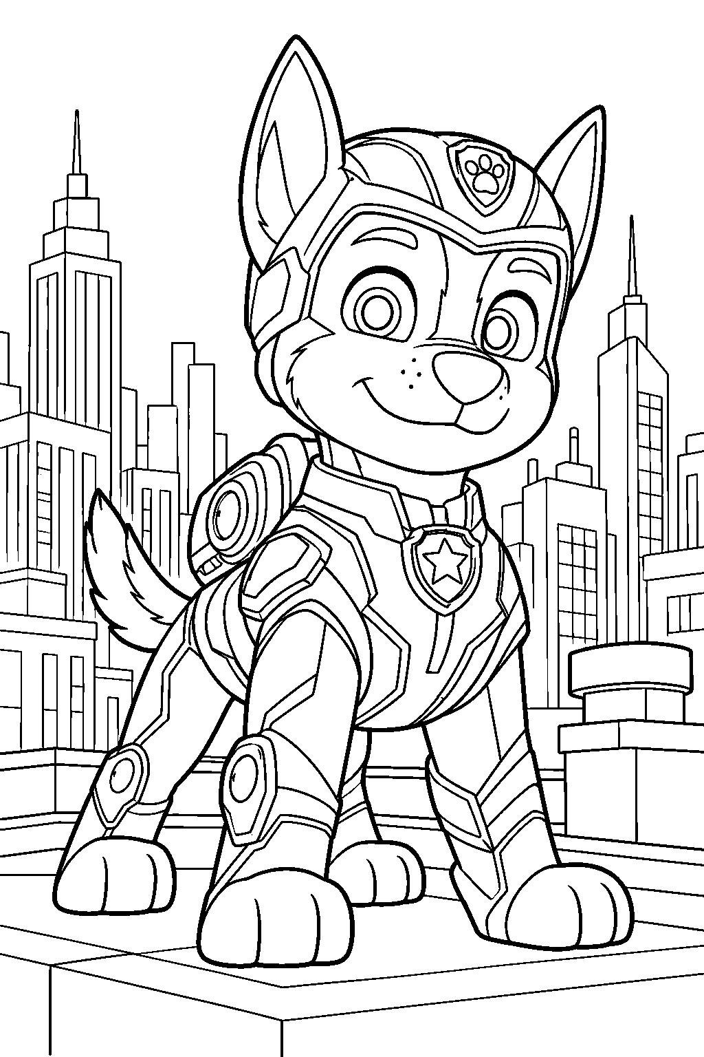 paw patrol chase in his mighty movie suit on an adventure city rooftop line art