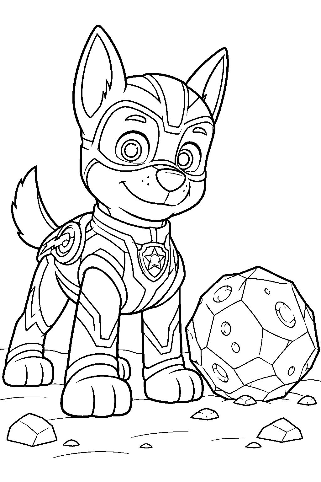paw patrol chase in his mighty pups suit beside the meteor line art