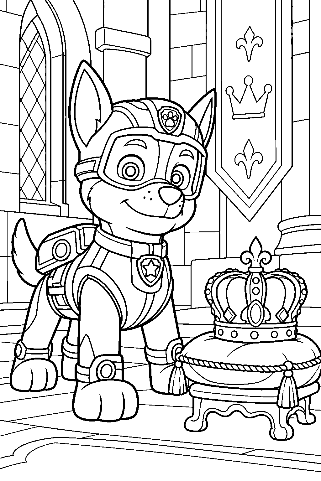 paw patrol chase in his mission paw spy suit guarding the royal crown in barkingburg castle line art