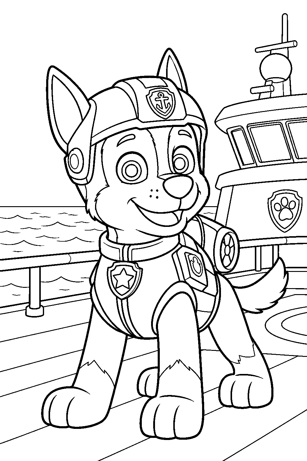paw patrol chase in his sea patrol uniform standing on the sea patroller deck line art