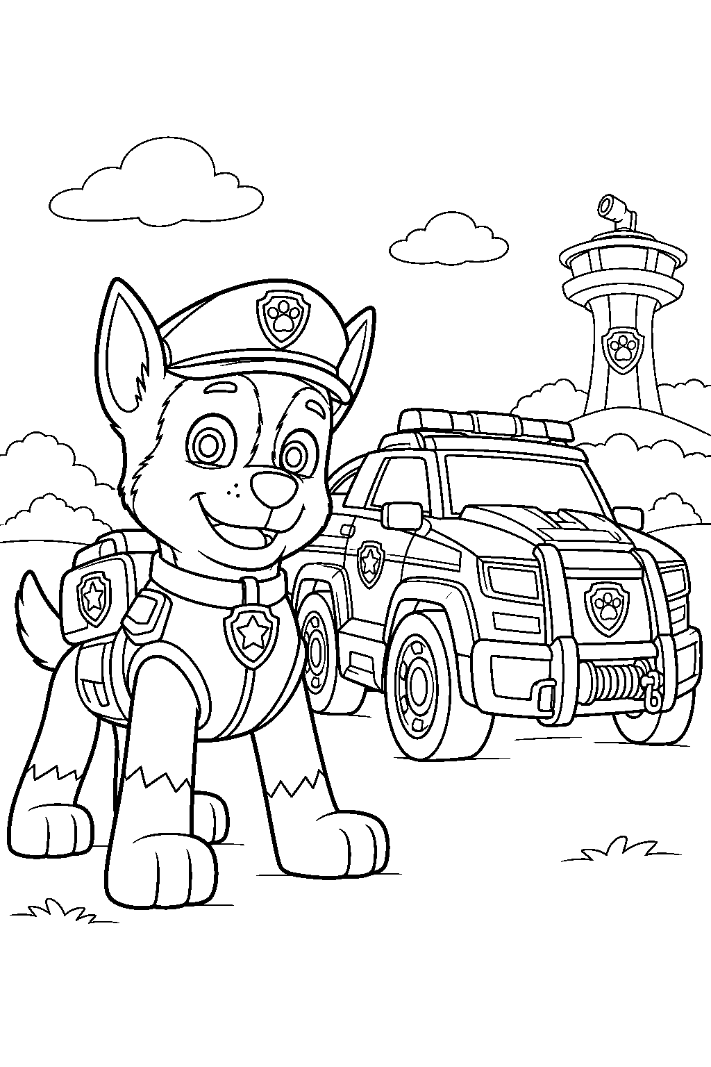 paw patrol chase in his ultimate rescue police uniform beside the ultimate police cruiser line art