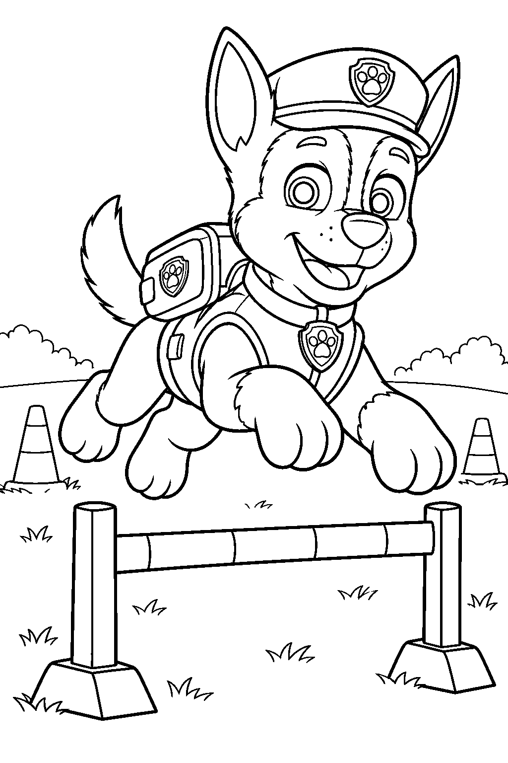 paw patrol chase jumping over a hurdle on the training course line art