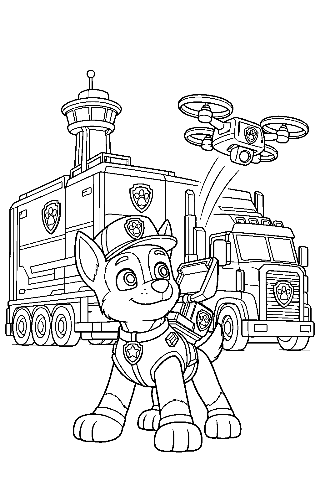 paw patrol chase launching a rescue drone beside his big truck pups command center line art