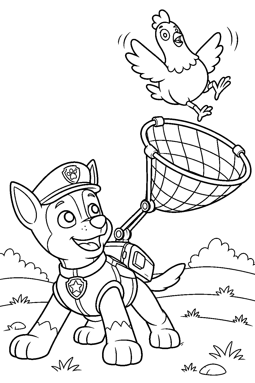 paw patrol chase launching a rescue net to catch chickaletta line art