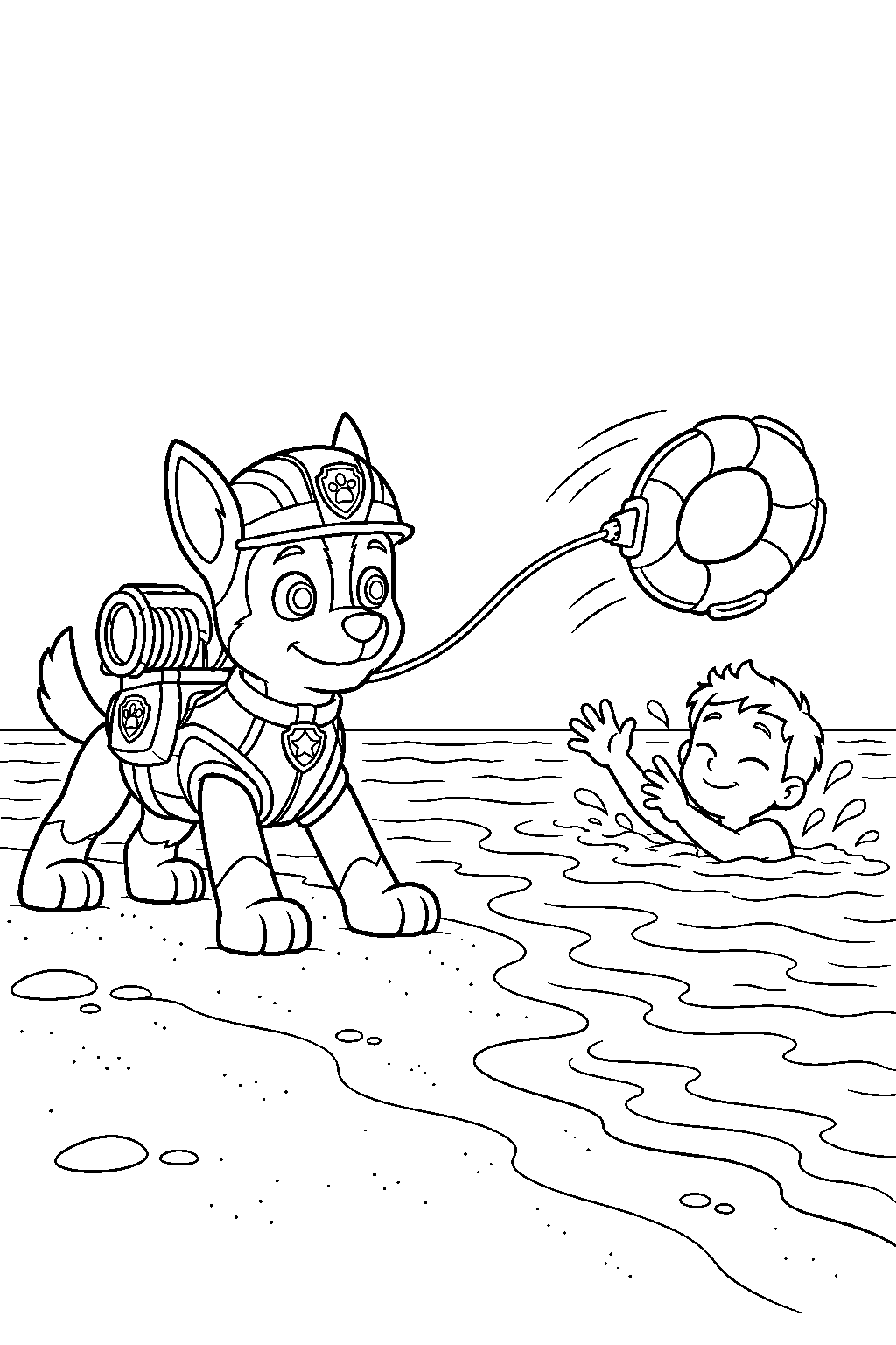 paw patrol chase launching a sea patrol rescue buoy toward a swimmer line art