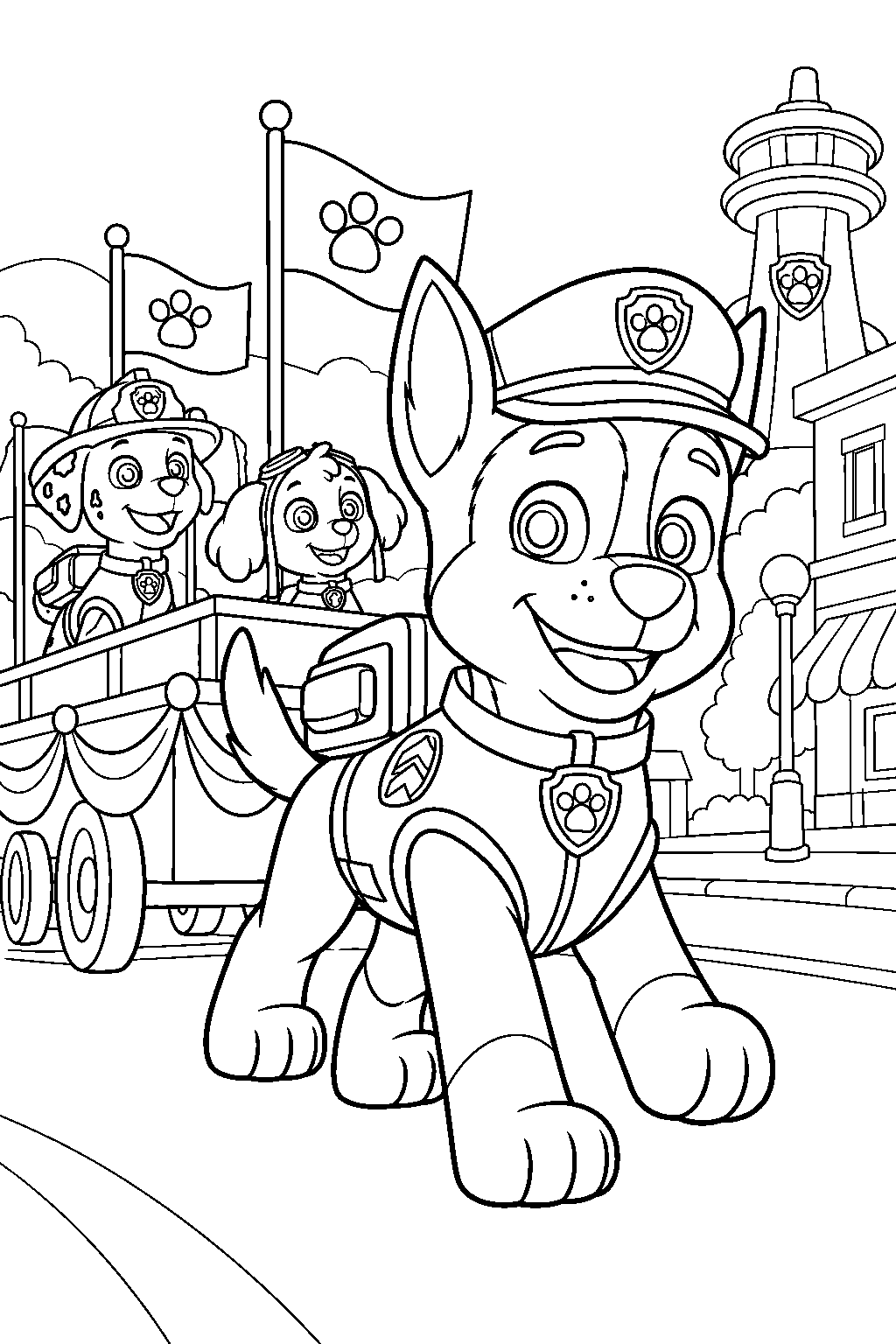 paw patrol chase leading a parade through adventure bay line art