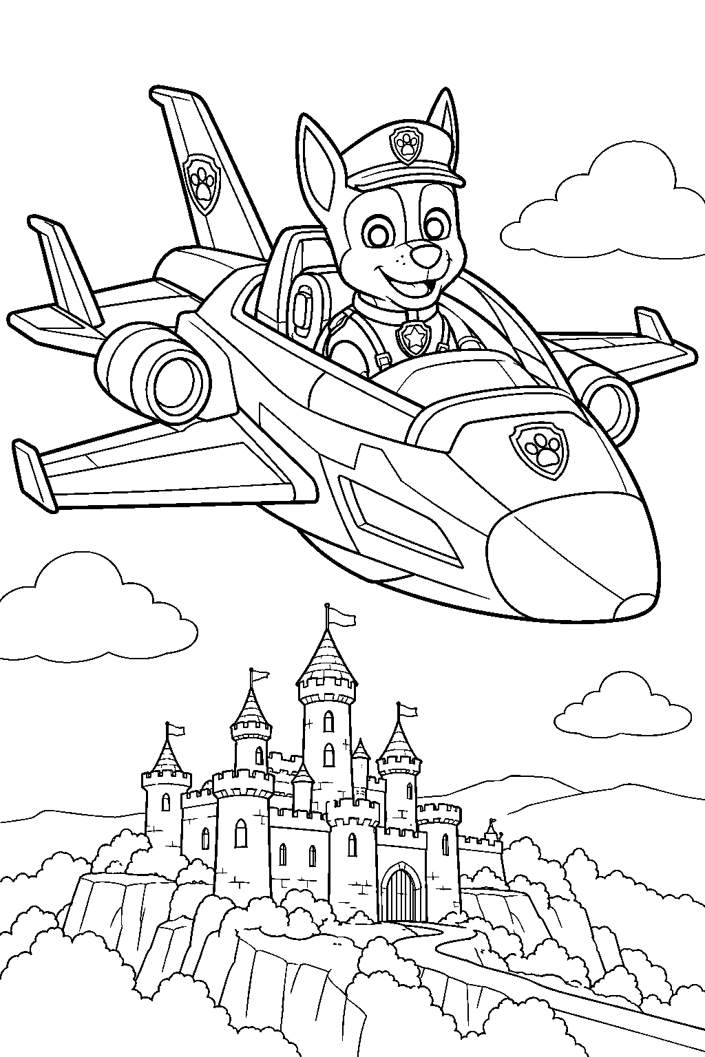 paw patrol chase piloting his jet to the rescue jet above barkingburg castle line art