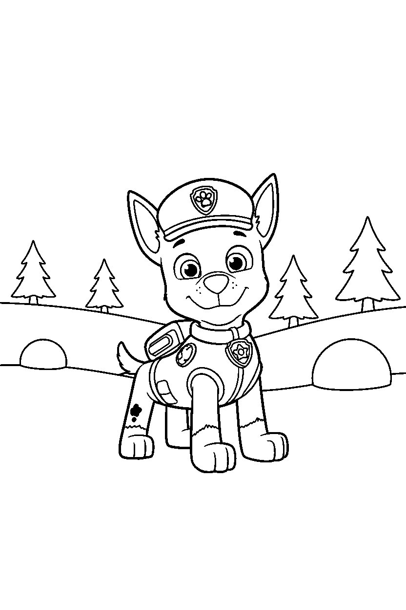paw patrol chase posing in snowy field line art