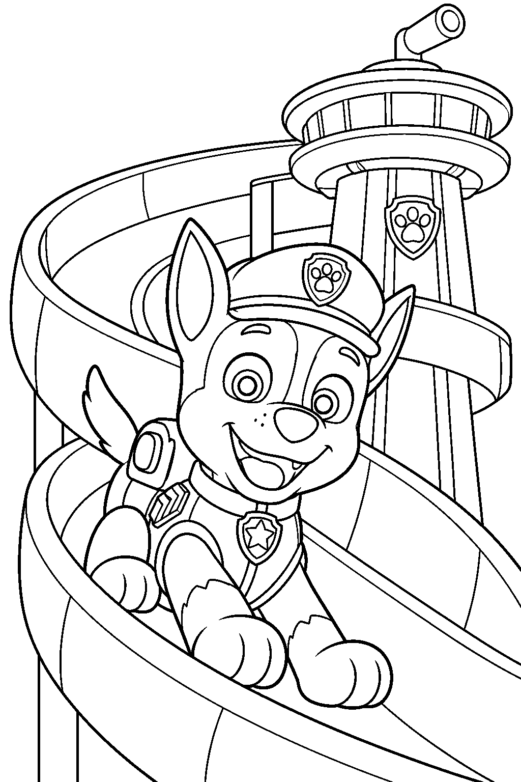 paw patrol chase riding down the lookout tower slide line art