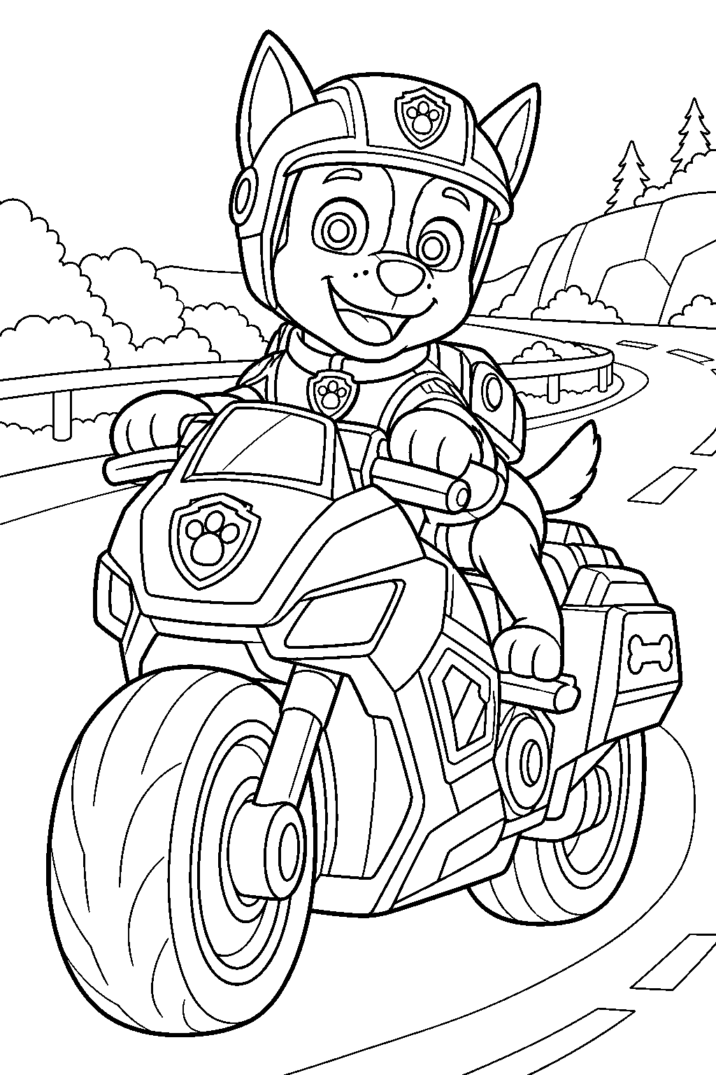paw patrol chase riding his moto pups motorcycle along a winding road line art