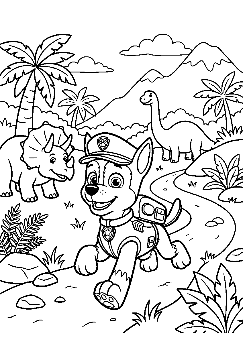 paw patrol chase running in dinosaur valley line art