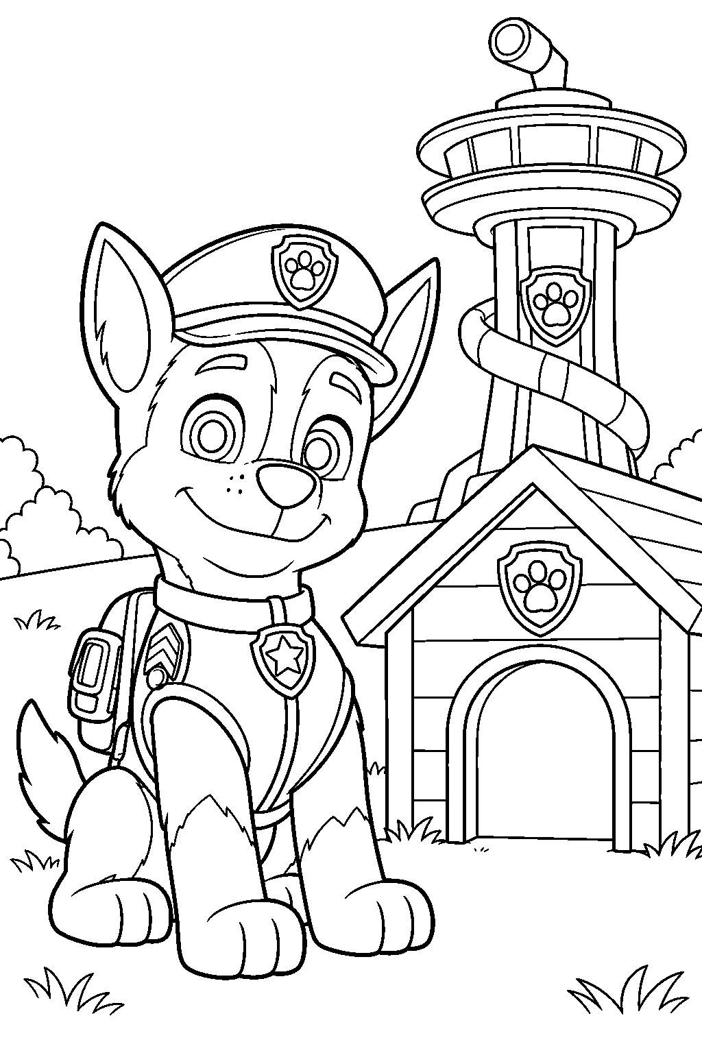 paw patrol chase sitting beside his doghouse at the lookout line art
