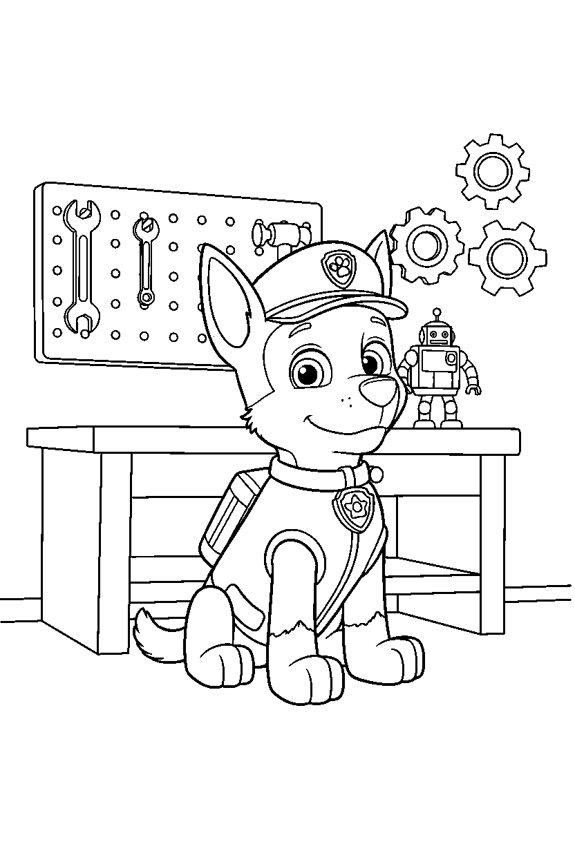 paw patrol chase sitting in workshop line art