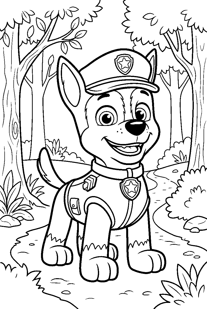 paw patrol chase smiling in forest line art