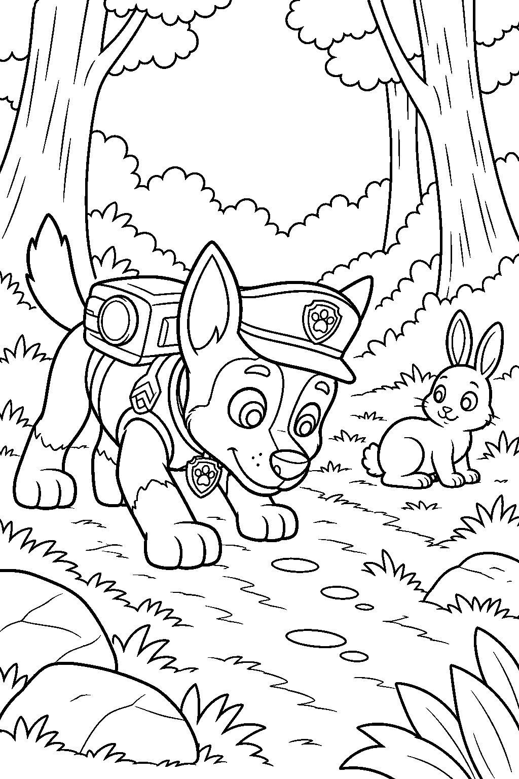 paw patrol chase sniffing a woodland trail to find a lost bunny line art