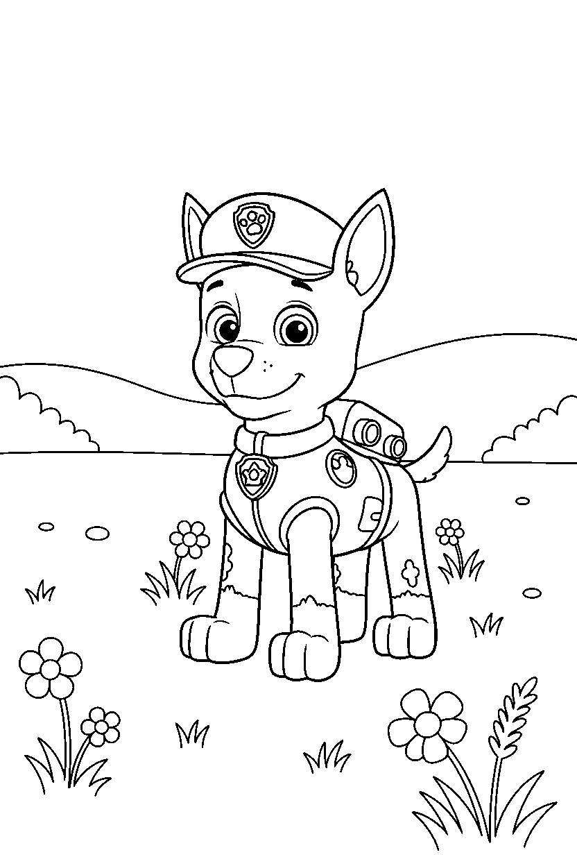 paw patrol chase standing calmly in meadow line art