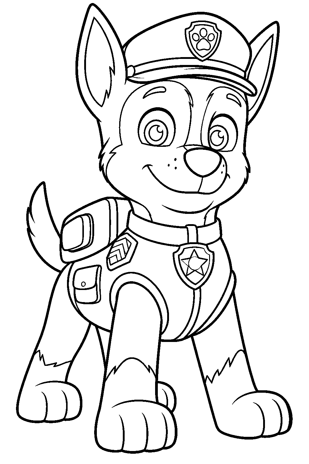 paw patrol chase standing in his police uniform with his hat and badge line art
