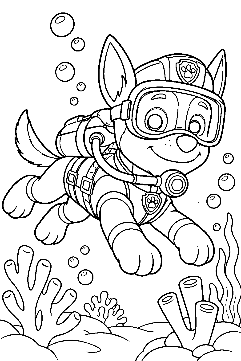 paw patrol chase swimming underwater in his scuba gear beside a coral reef line art
