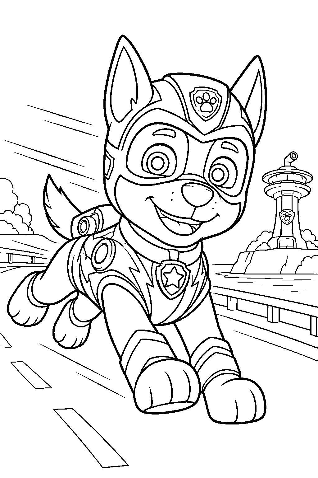 paw patrol chase using his mighty pups super speed along an adventure bay road line art