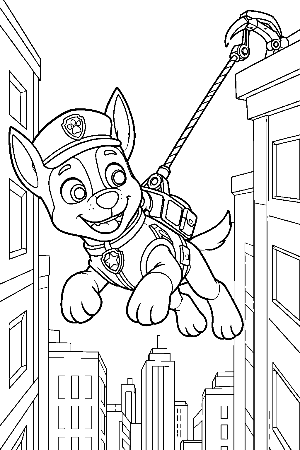 paw patrol chase using his movie grappling hook between adventure city buildings line art