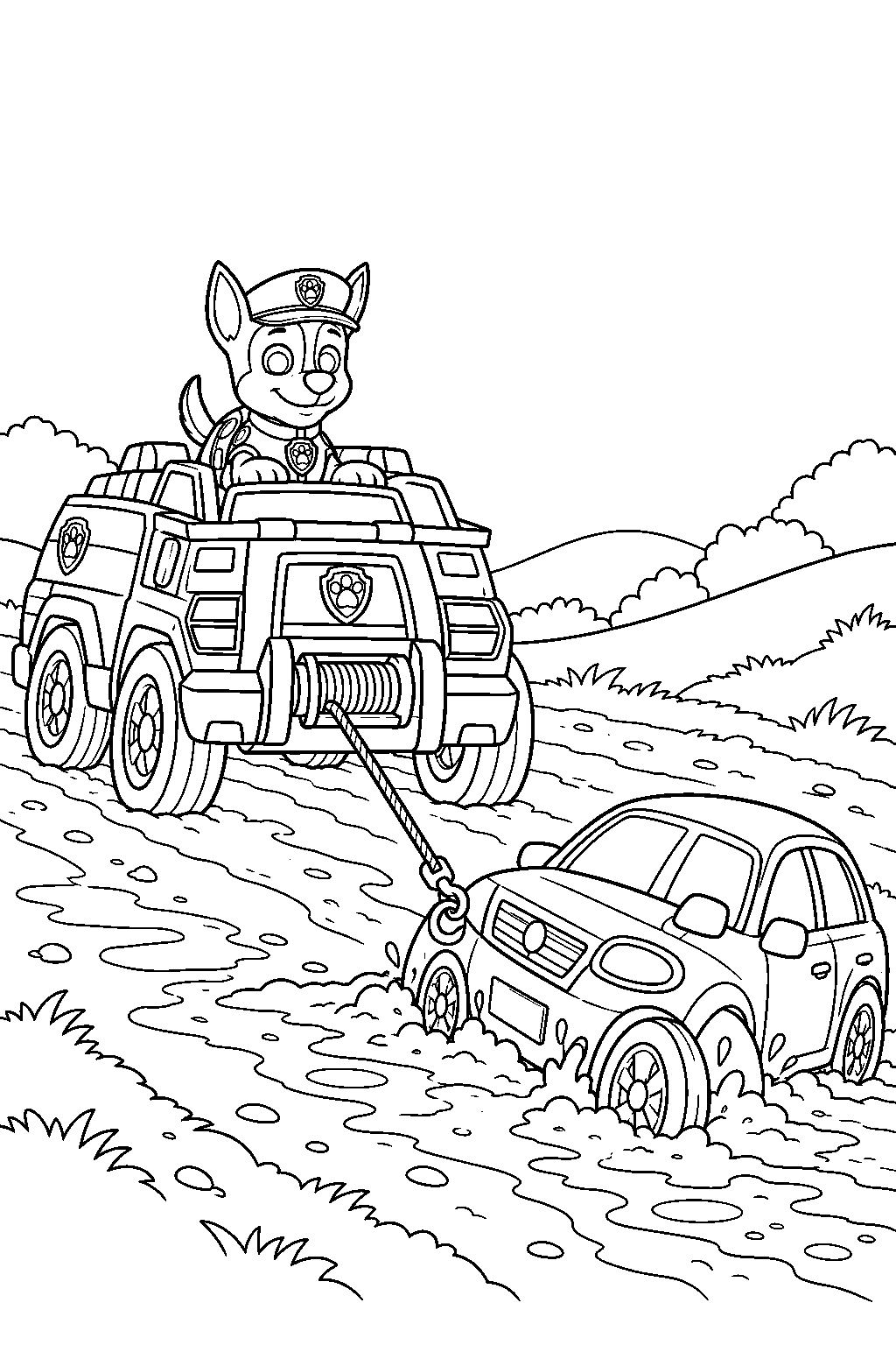 paw patrol chase using his police truck winch to pull a car out of mud line art