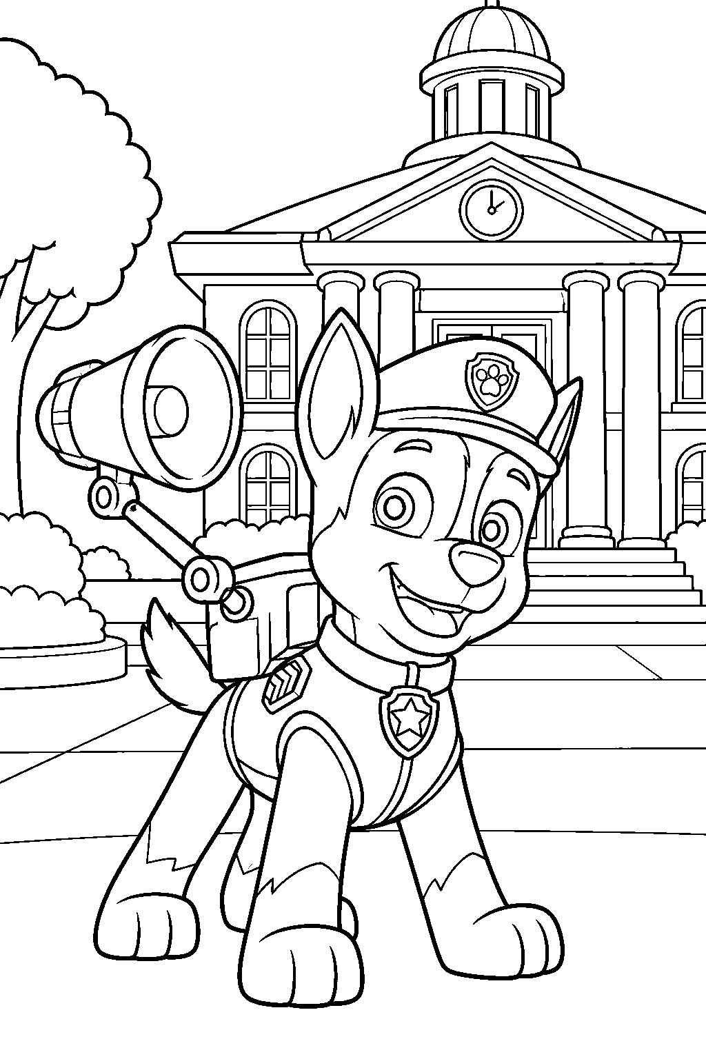 paw patrol chase using his pup pack megaphone outside adventure bay town hall line art