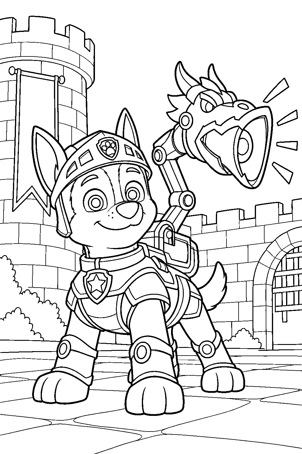 paw patrol chase using his rescue knights dragon megaphone in a castle courtyard line art