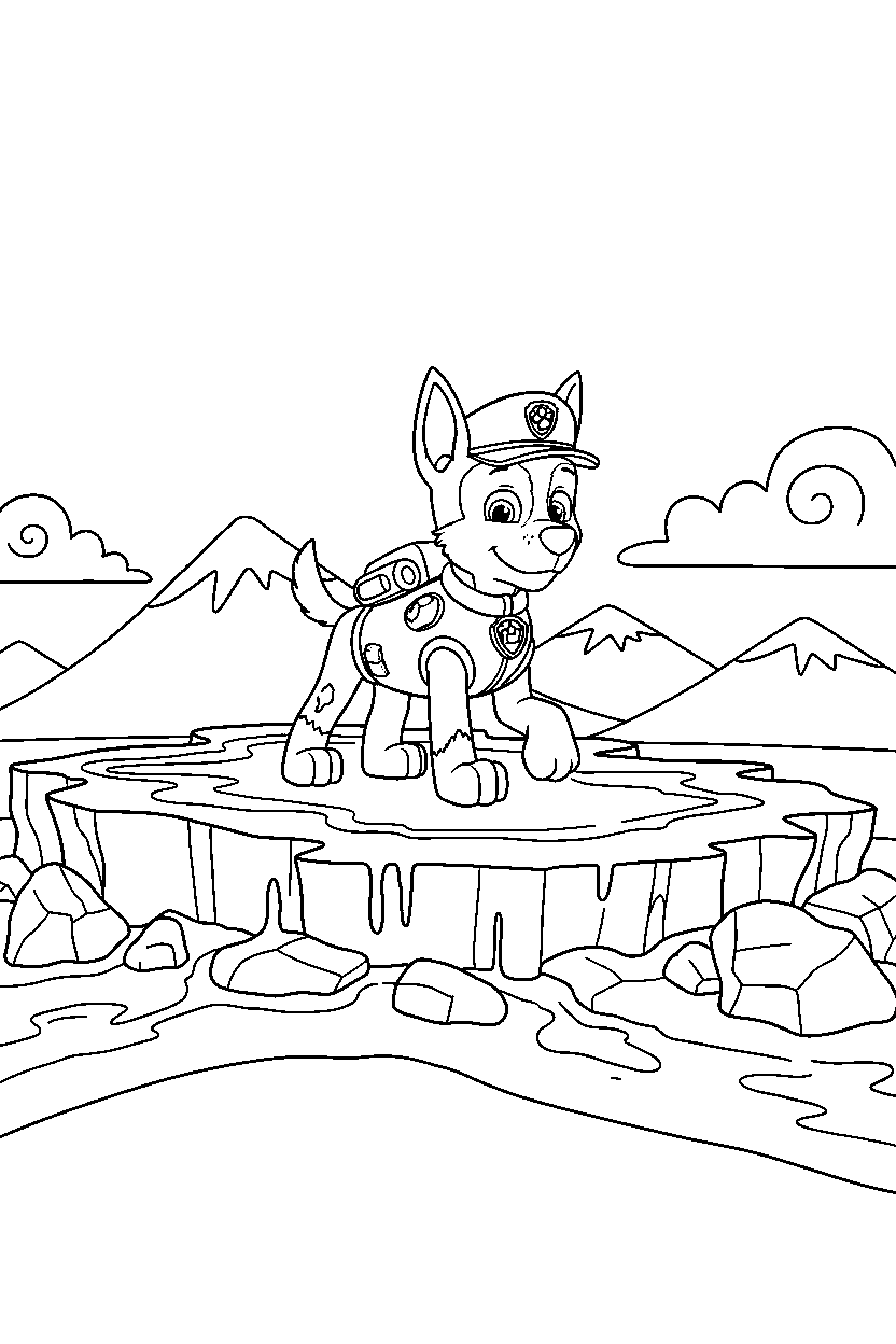 paw patrol chase walking slowly on lava platform line art