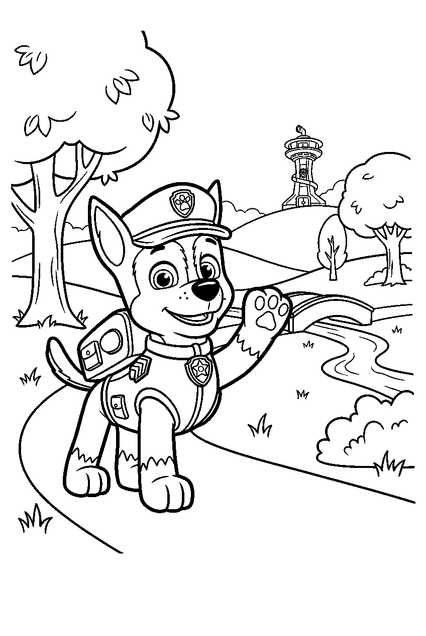 paw patrol chase waving in adventure bay park line art