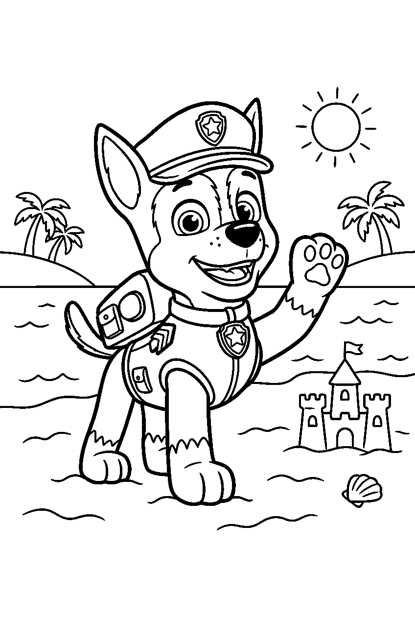 paw patrol chase waving on sandy beach line art