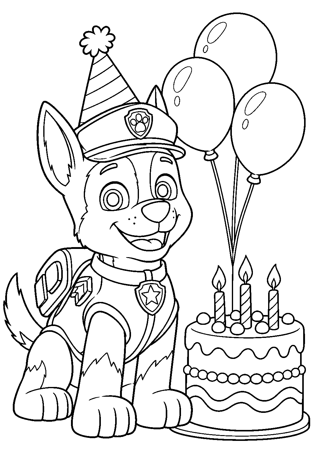 paw patrol chase wearing a party hat beside a birthday cake and balloons line art