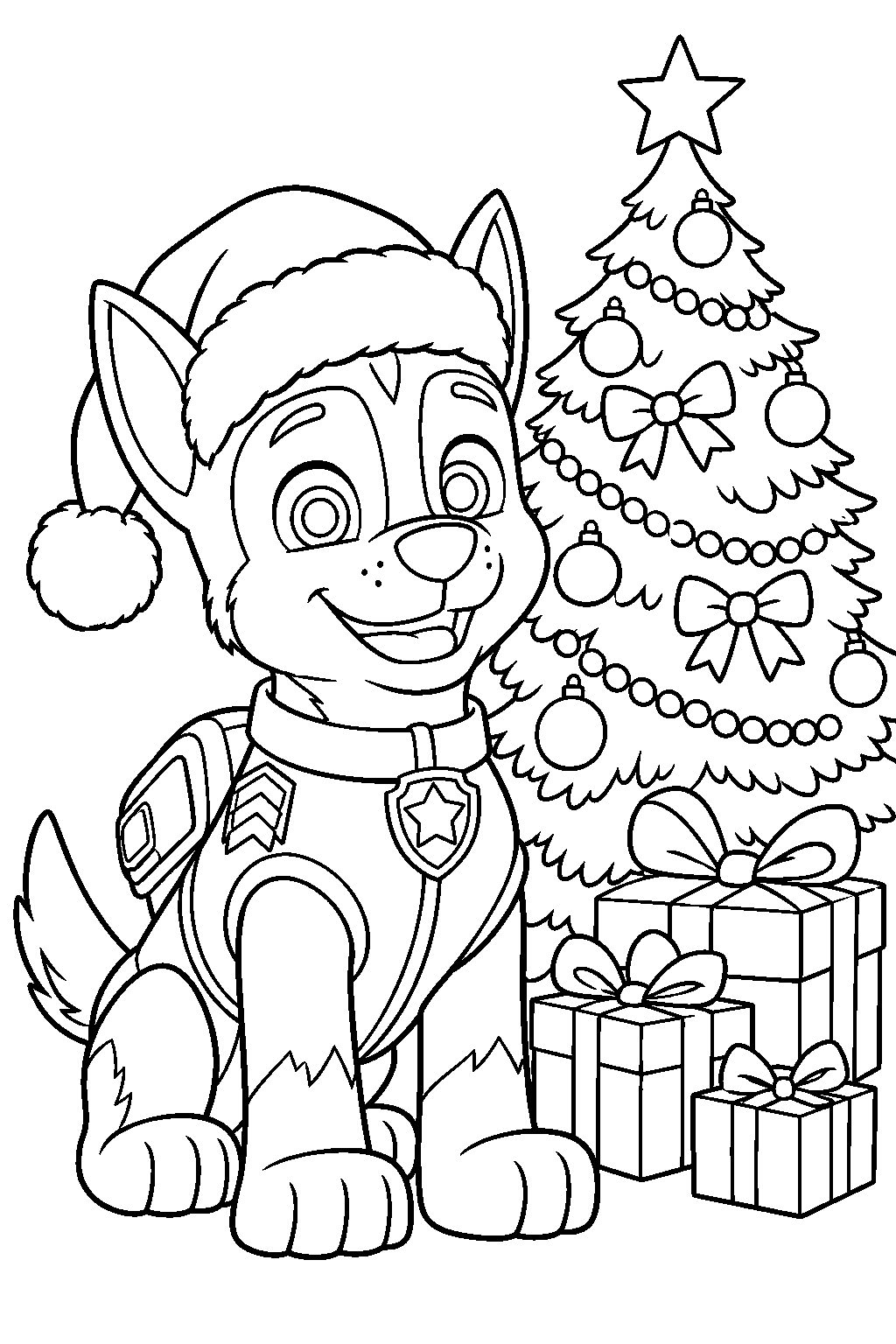 paw patrol chase wearing a santa hat beside a christmas tree and wrapped gifts line art
