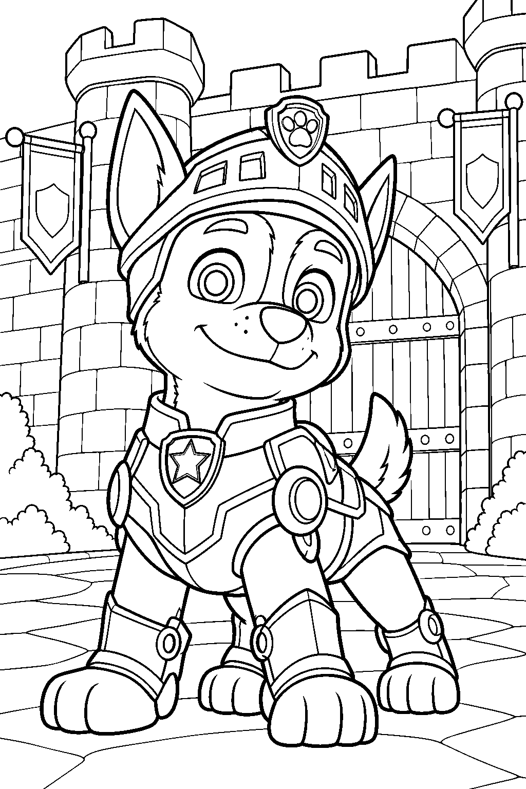 paw patrol chase wearing rescue knights armor beside a castle gate line art