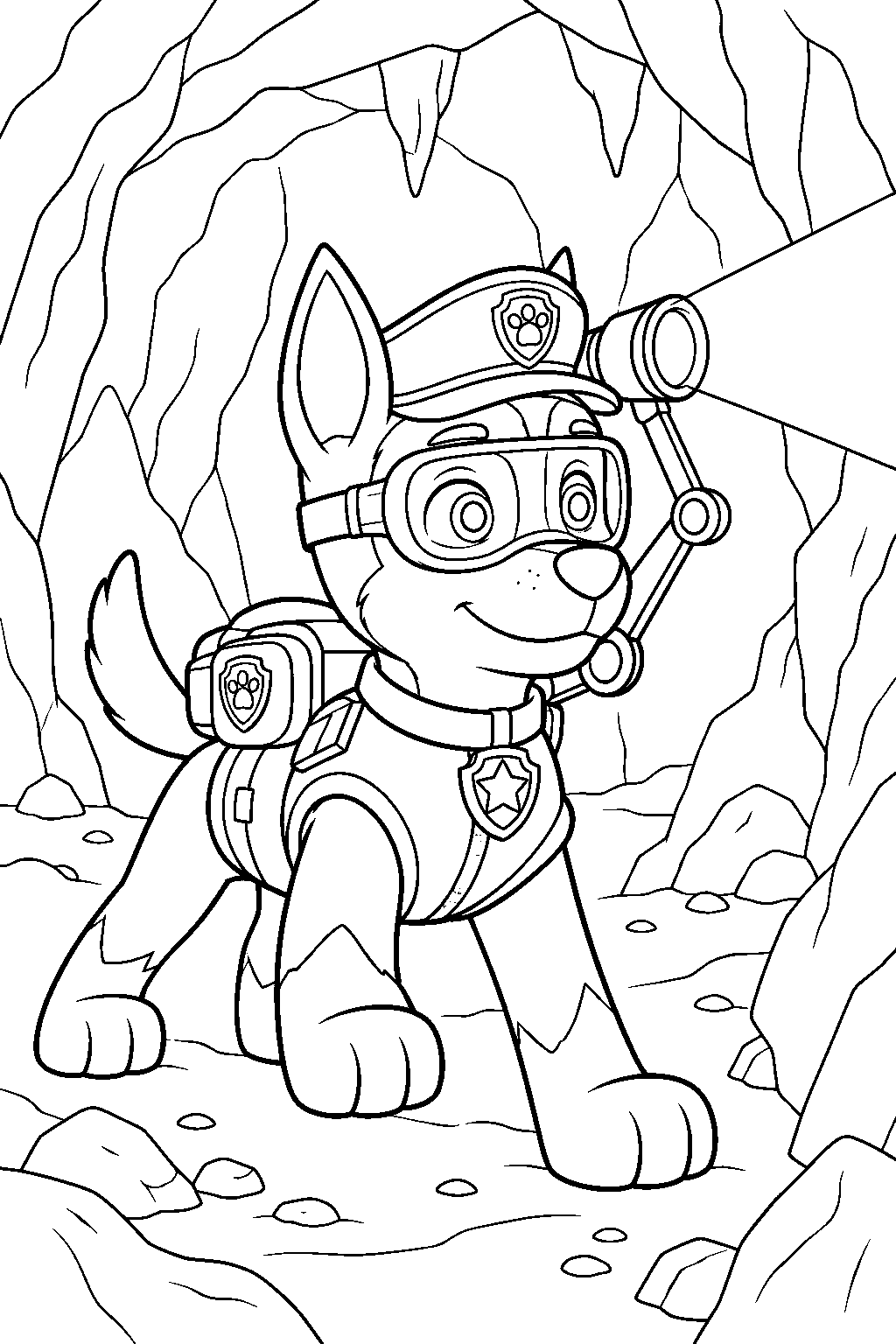 paw patrol chase wearing spy goggles and using his pup pack flashlight inside a cave line art