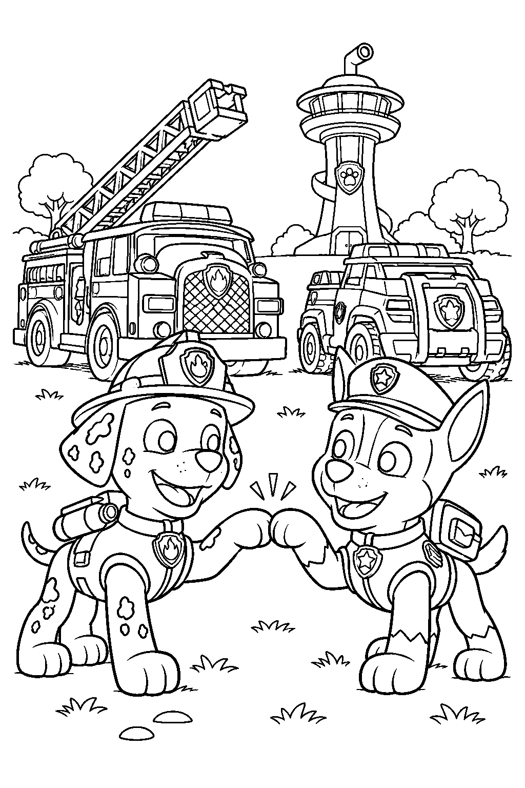 paw patrol marshall and chase bumping paws after a rescue line art