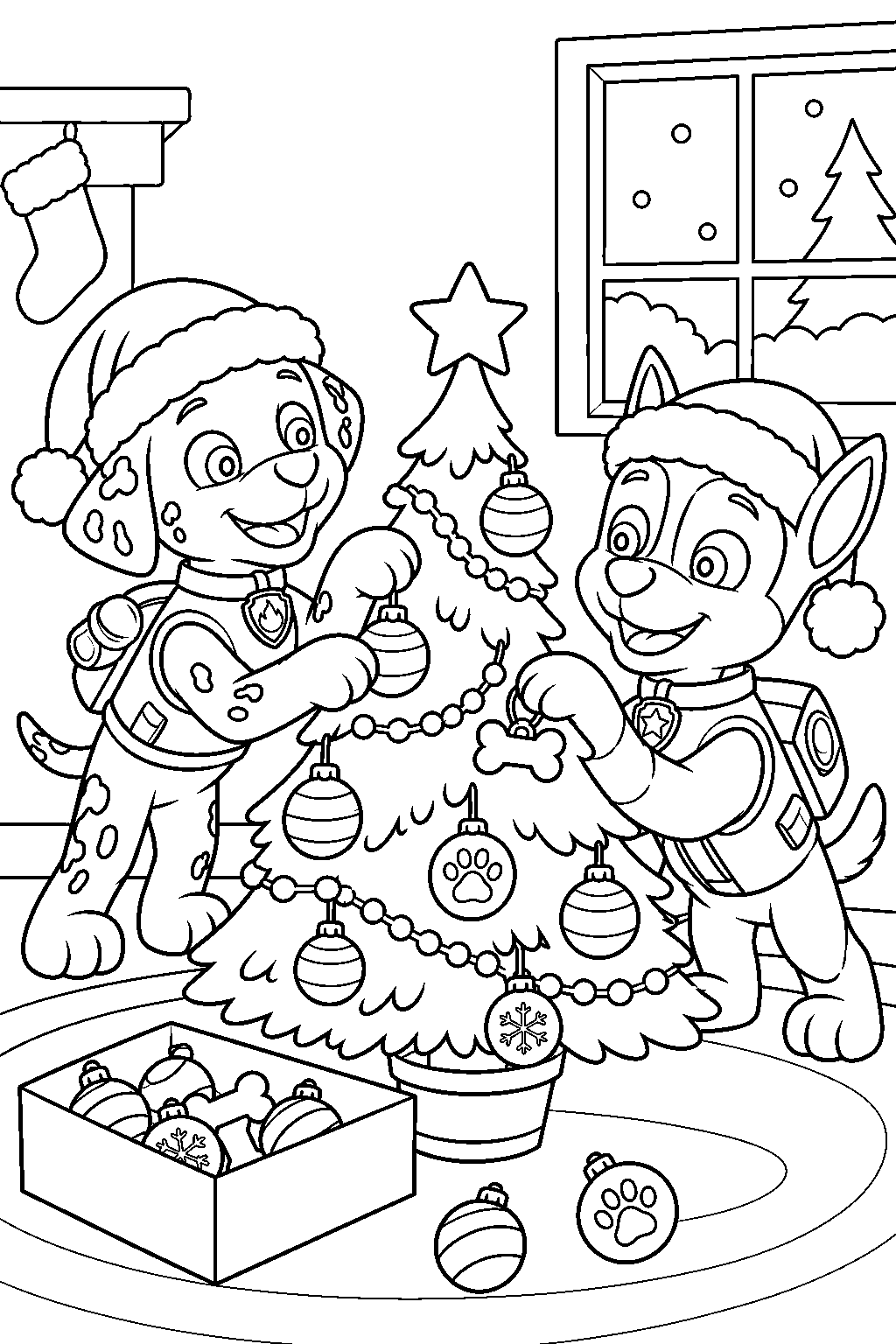 paw patrol marshall and chase decorating a christmas tree while wearing santa hats line art
