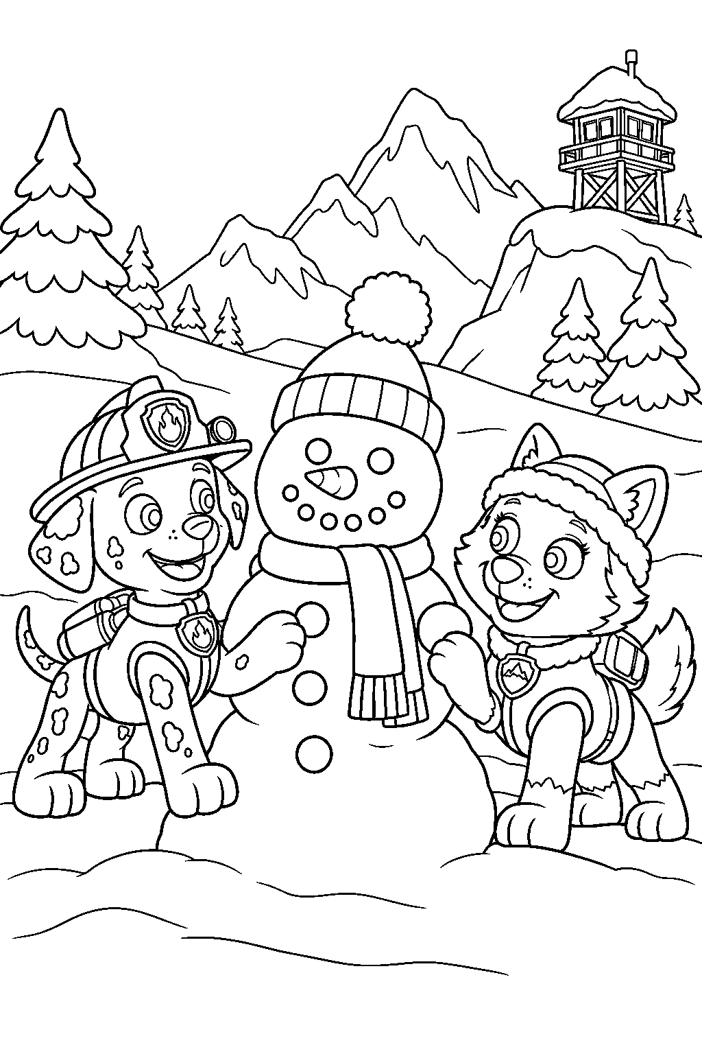 paw patrol marshall and everest building a snowman on jake s mountain line art