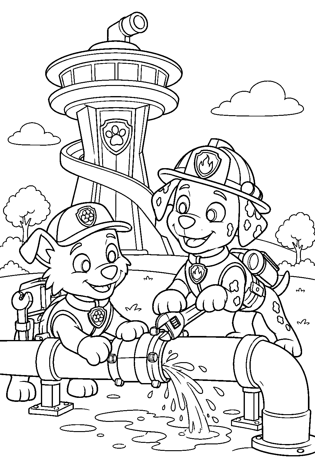 paw patrol marshall and rocky repairing a leaking pipe at the lookout line art