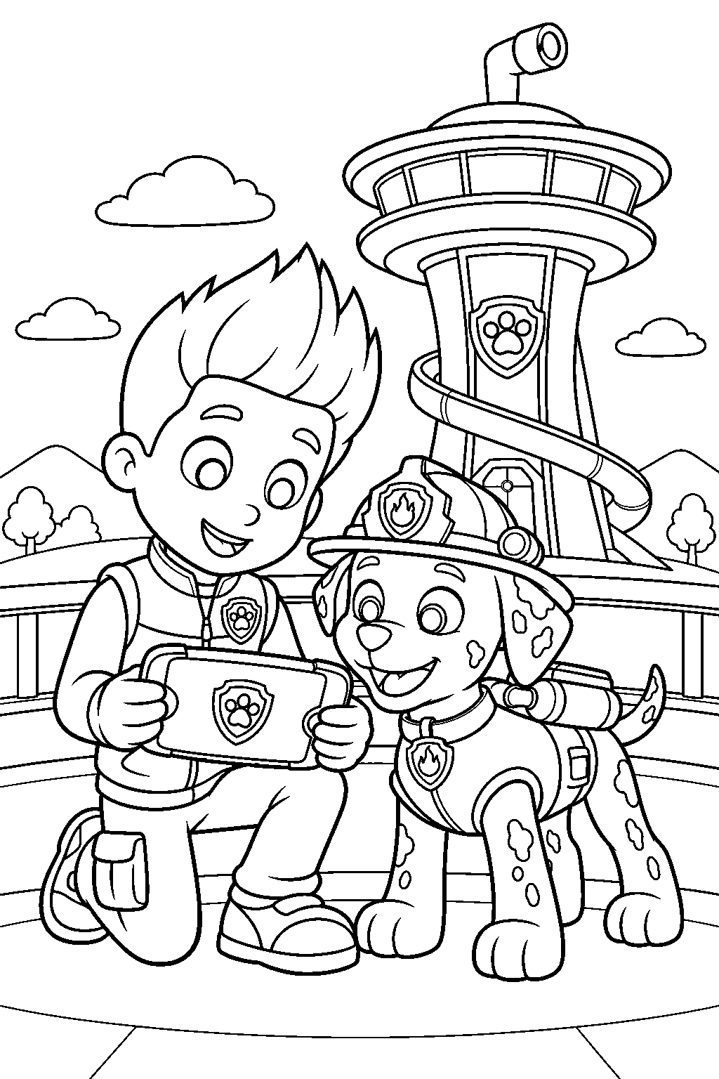 paw patrol marshall and ryder reviewing a rescue mission on the pup pad at the lookout line art